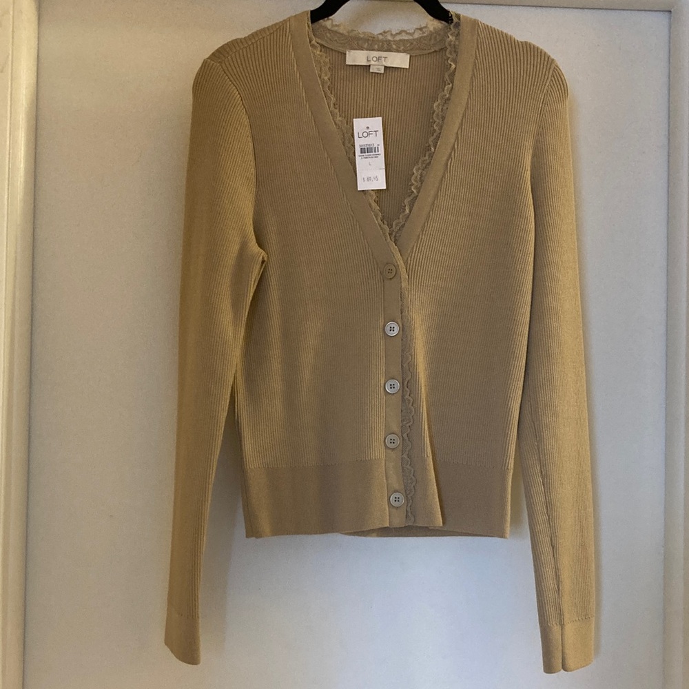 LOFT Beige Lace-Trim V-Neck Cardigan